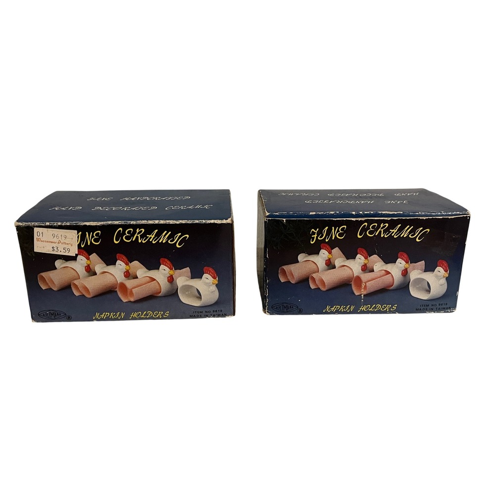 Vintage Artmark Ceramic Chicken Napkin Holders Set of 8 White Hen Farmhouse 9619